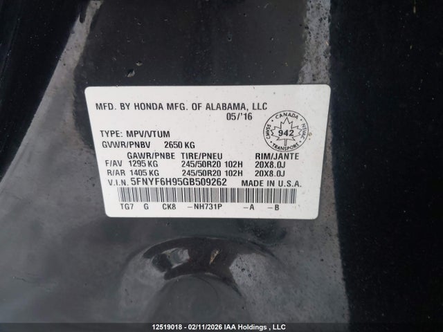5FNYF6H95GB509262 Honda Pilot