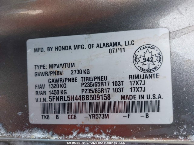 12519024 :رقم المزاد ، 5FNRL5H44BB509158 vin ، 2011 Honda Odyssey Ex مزاد بيع