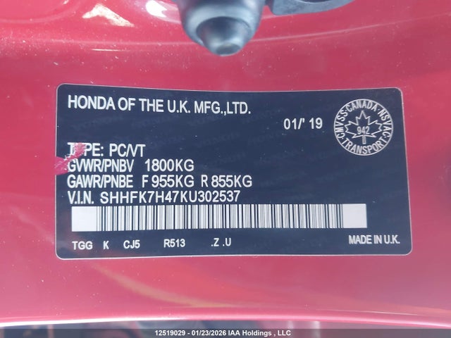 SHHFK7H47KU302537 Honda Civic