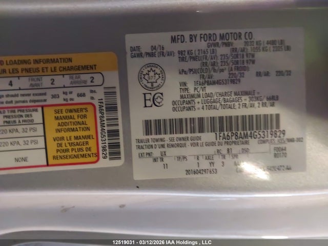 Aukcja sprzedaży 2016 Ford Mustang, vin: 1FA6P8AM4G5319829, numer aukcji: 12519031