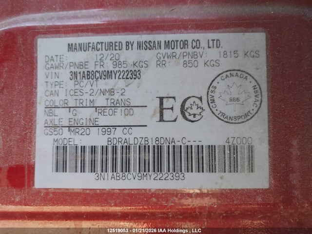 3N1AB8CV9MY222393 Nissan SENTRA SV