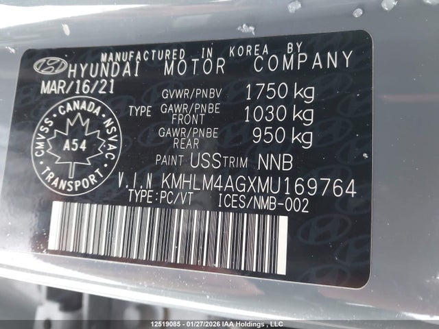 12519085 :رقم المزاد ، KMHLM4AGXMU169764 vin ، 2021 Hyundai Elantra مزاد بيع