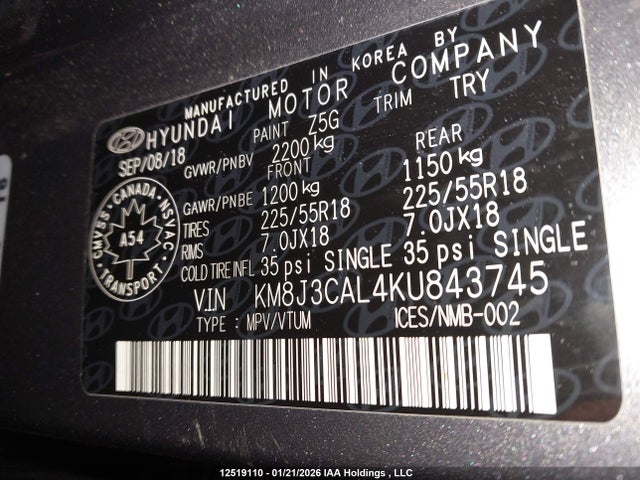 KM8J3CAL4KU843745 Hyundai Tucson Limited/sel/sport/ultimate/value/night