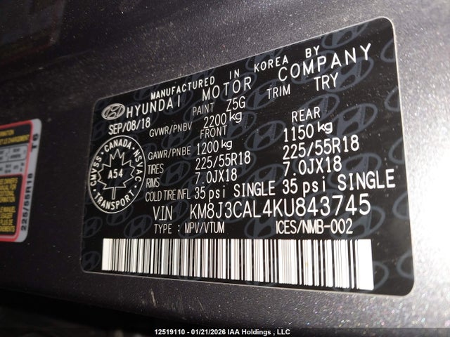 KM8J3CAL4KU843745 Hyundai Tucson Limited/sel/sport/ultimate/value/night