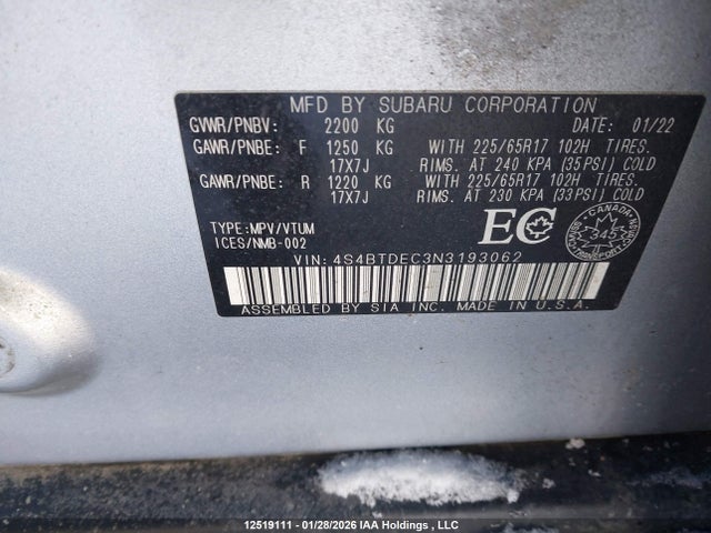 4S4BTDEC3N3193062 Subaru Outback Touring