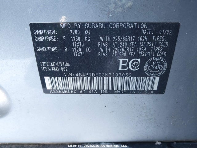 4S4BTDEC3N3193062 Subaru Outback Touring