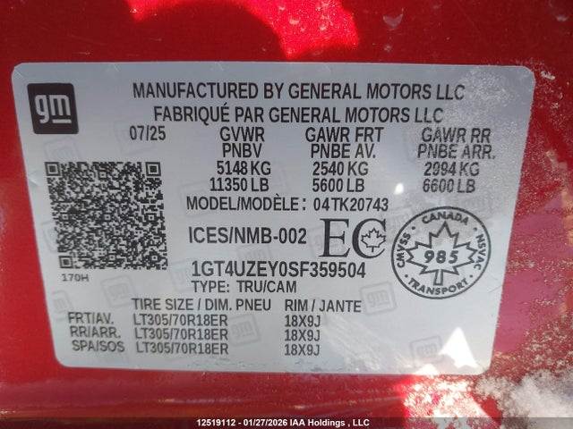 1GT4UZEY0SF359504 GMC Sierra 2500hd At4x