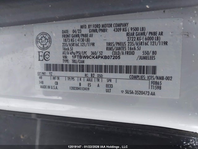 2023 Ford E-transit-350 Cargo მანქანა იყიდება აუქციონზე, vin: 1FTBW9CK4PKB07205, აუქციონის ნომერი: 12519147