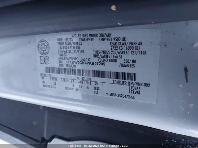 2023 Ford E-transit-350 Cargo მანქანა იყიდება აუქციონზე, vin: 1FTBW9CK4PKB07205, აუქციონის ნომერი: 12519147