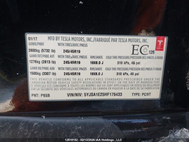 5YJSA1E25HF176433 Tesla MODEL S