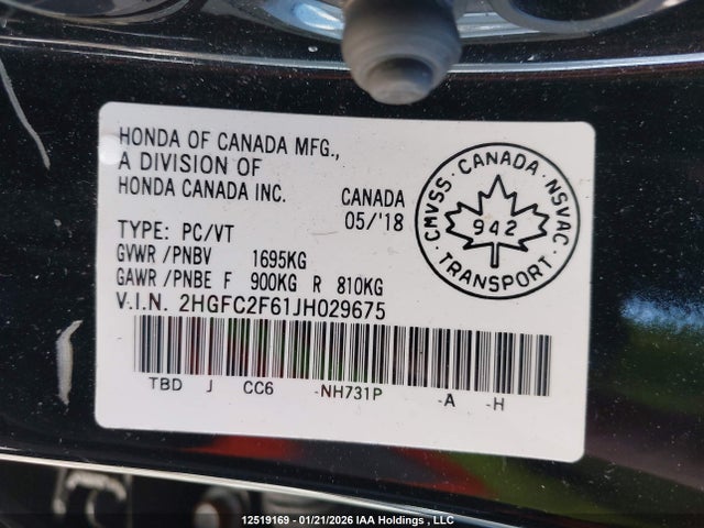 Aukcja sprzedaży 2018 Honda Civic Se, vin: 2HGFC2F61JH029675, numer aukcji: 12519169