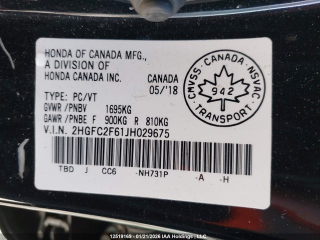 Aukcja sprzedaży 2018 Honda Civic Se, vin: 2HGFC2F61JH029675, numer aukcji: 12519169