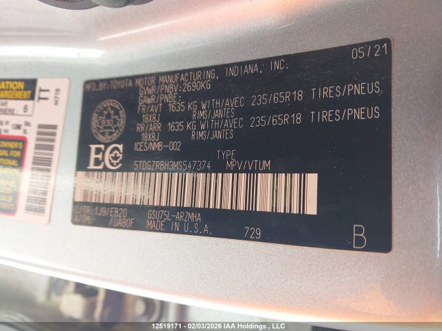 5TDGZRBH3MS547374 Toyota Highlander
