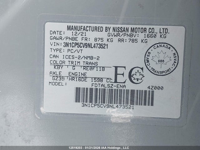 3N1CP5CV9NL473521 Nissan KICKS SV