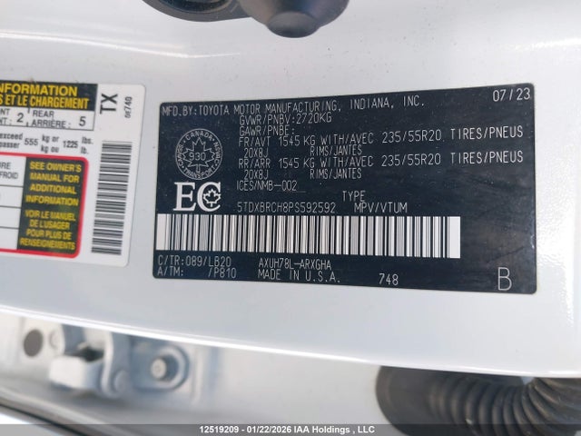 12519209 :رقم المزاد ، 5TDXBRCH8PS592592 vin ، 2023 Toyota Highlander Hybrid Limited مزاد بيع