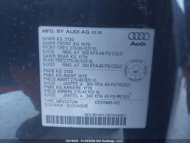 Aukcja sprzedaży 2008 Audi Q7 4.2 Premium, vin: WA1BV64L08D058951, numer aukcji: 12519229