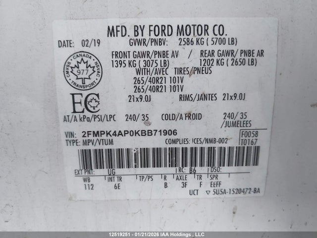 Ford EDGE ST 2019 2FMPK4AP0KBB71906 Image 9