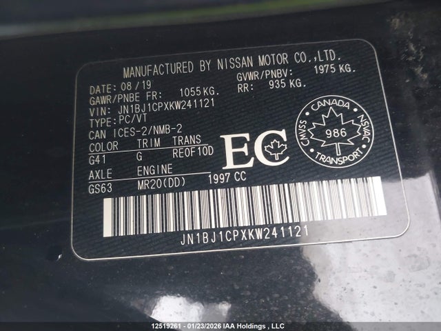 JN1BJ1CPXKW241121 Nissan Rogue Sport S/sv/sl