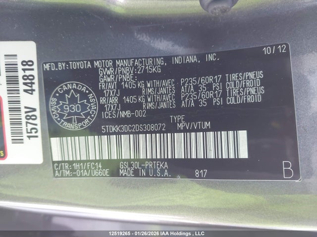 12519265 :رقم المزاد ، 5TDKK3DC2DS308072 vin ، 2013 Toyota Sienna Le 8 Passenger مزاد بيع