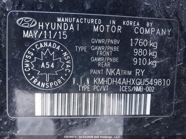 KMHDH4AHXGU549810 Hyundai Elantra Gls