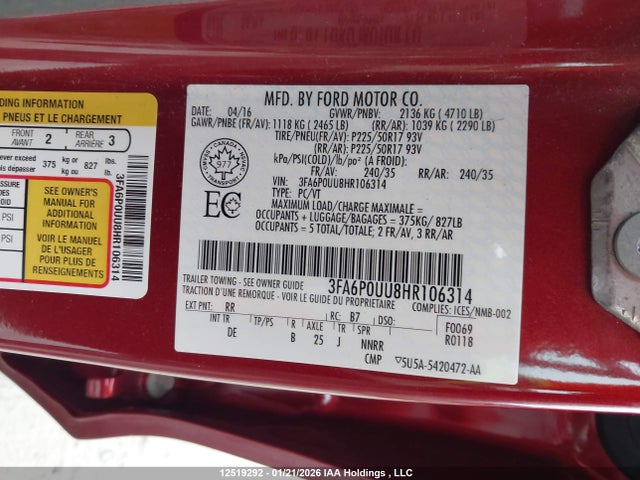 3FA6P0UU8HR106314 Ford Fusion Hybrid S