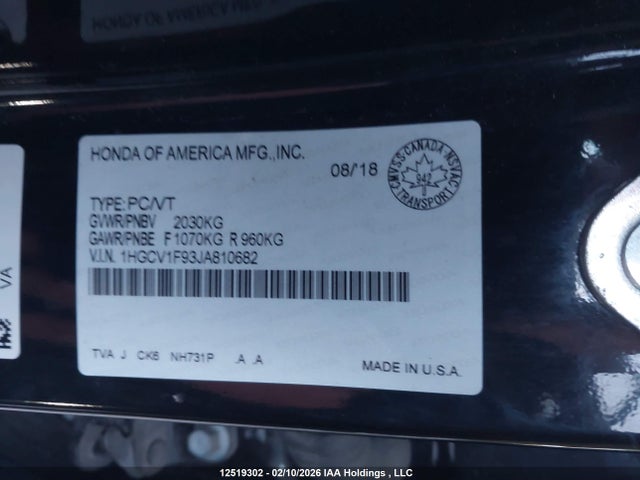 Продаж на аукціоні авто 2018 Honda Accord Touring, vin: 1HGCV1F93JA810682, номер лоту: 12519302