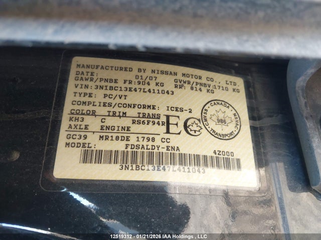 Продажа на аукционе авто 2007 Nissan Versa 1.8s, vin: 3N1BC13E47L411043, номер лота: 12519312
