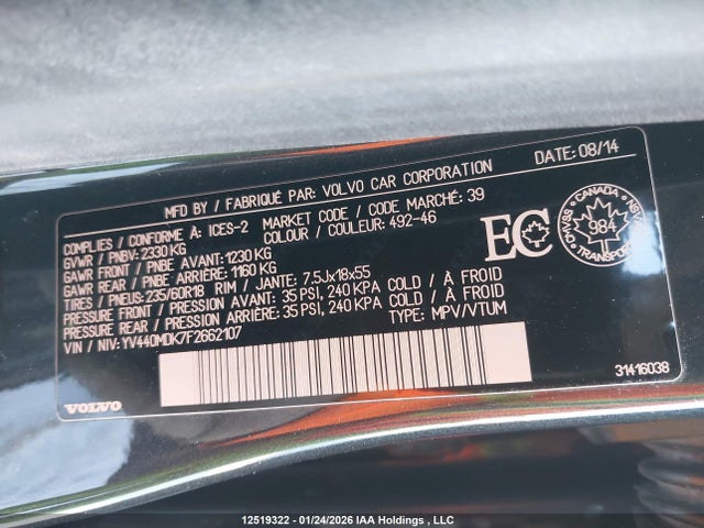 YV440MDK7F2662107 Volvo Xc60 T5
