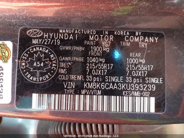 KM8K6CAA3KU393239 Hyundai Kona 2.0l Luxury