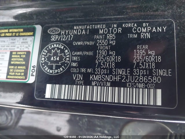 KM8SNDHF2JU286580 Hyundai Santa Fe Se/limited