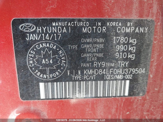 KMHD84LF0HU379504 Hyundai Elantra Se/value/limited