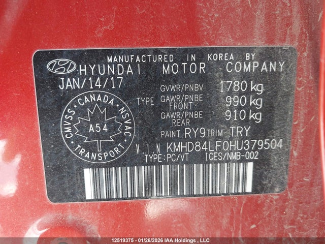 KMHD84LF0HU379504 Hyundai Elantra Se/value/limited