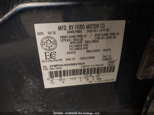 Продаж на аукціоні авто 2019 Ford Edge Sel, vin: 2FMPK4J92KBB23924, номер лоту: 12519381