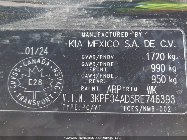 12519386 :رقم المزاد ، 3KPF34AD5RE746393 vin ، 2024 Kia Forte Ex/ex+/ex Premium مزاد بيع