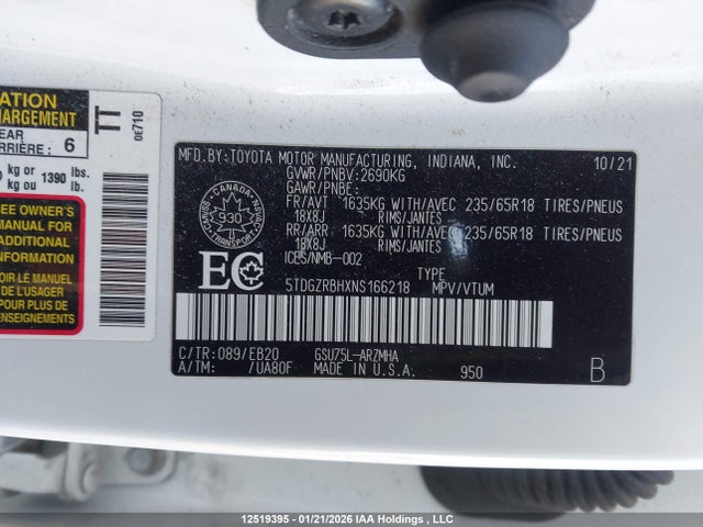 5TDGZRBHXNS166218 Toyota Highlander Xle