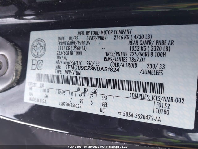 1FMCU9CZ8NUA51824 Ford Escape Sel Hybrid