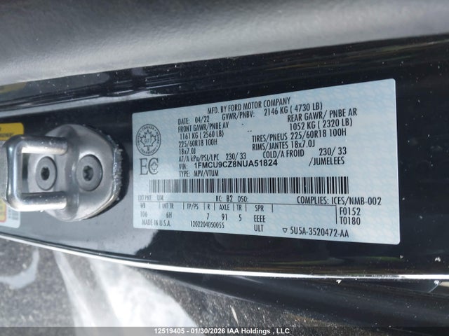 1FMCU9CZ8NUA51824 Ford Escape Sel Hybrid