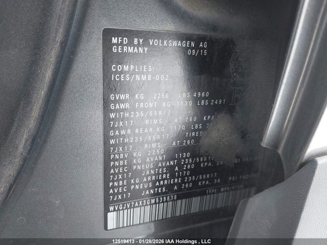 12519413 :رقم المزاد ، WVGJV7AX3GW539838 vin ، 2016 Volkswagen Tiguan Comfort/high/r-line/sp Ed مزاد بيع
