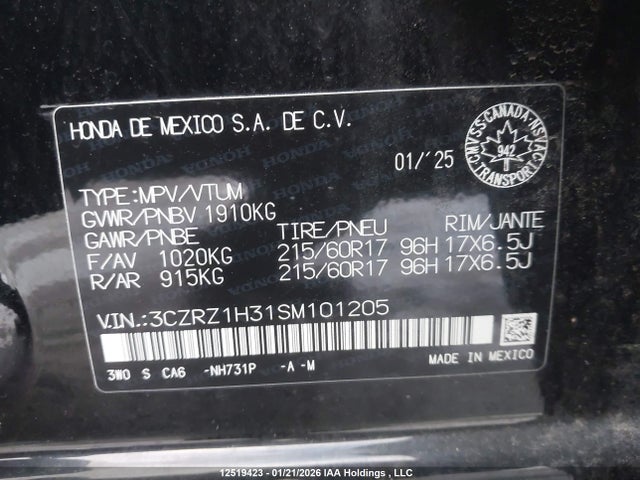 3CZRZ1H31SM101205 Honda HR-V LX