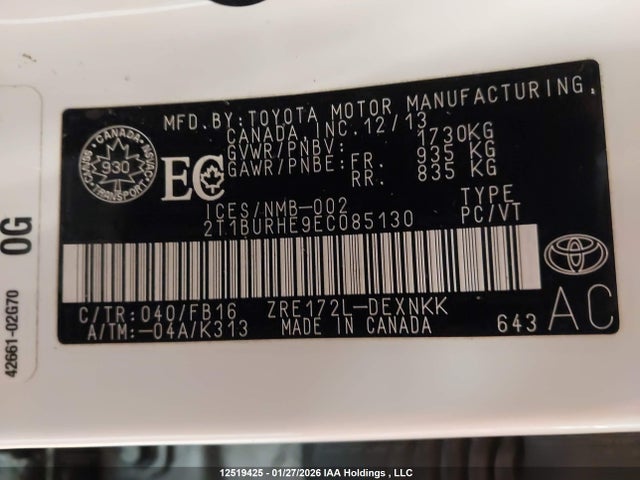 2T1BURHE9EC085130 Toyota Corolla L/le/le Pls/prm/s/s Pls