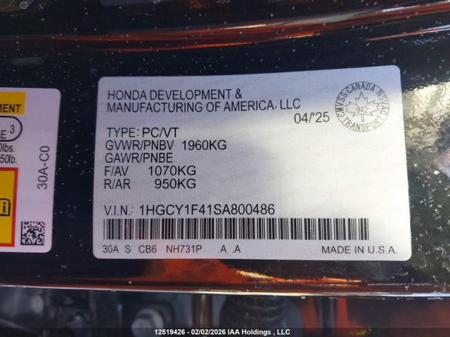 1HGCY1F41SA800486 Honda Accord