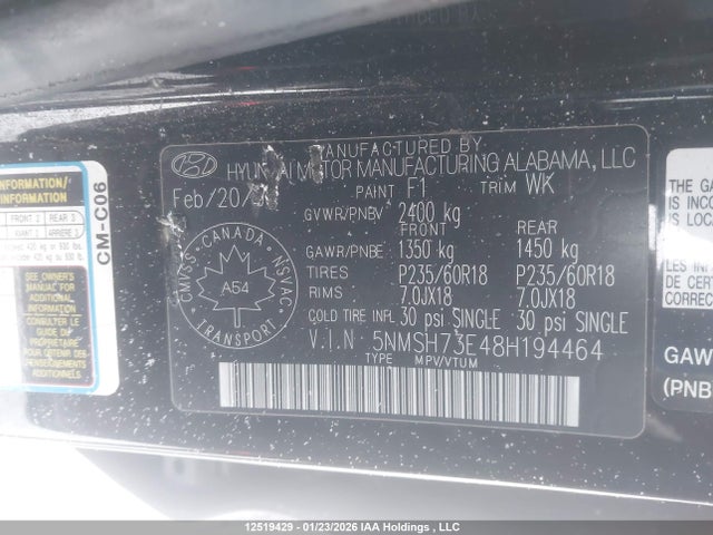 Aukcja sprzedaży 2008 Hyundai Santa Fe Limited, vin: 5NMSH73E48H194464, numer aukcji: 12519429