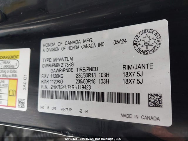 2HKRS4H74RH119423 Honda Cr-v Ex-l
