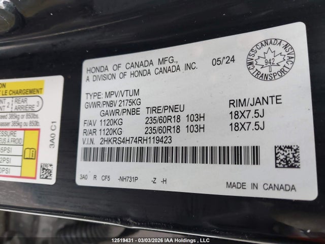 2HKRS4H74RH119423 Honda Cr-v Ex-l