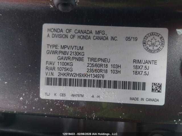 2HKRW2H9XKH134976 Honda Cr-v Touring