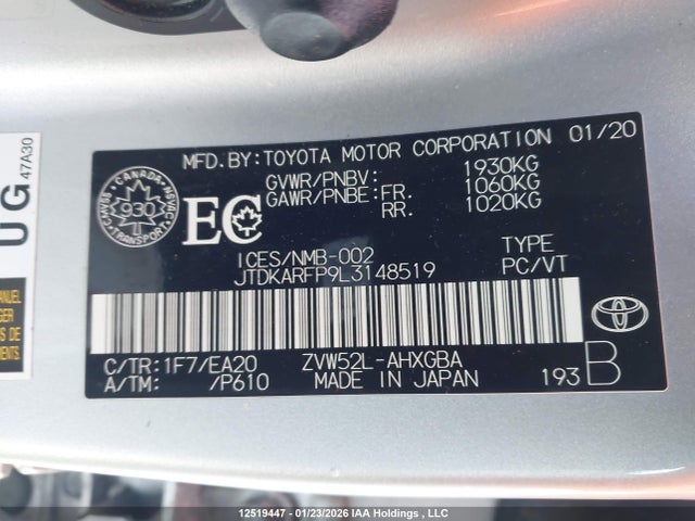JTDKARFP9L3148519 Toyota Prius