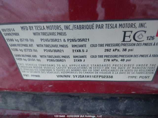 5YJSA1H11EFP52338 Tesla MODEL S