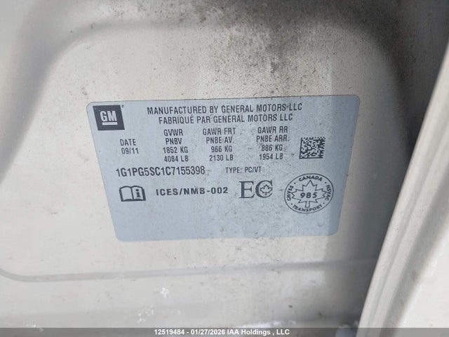 Продажа на аукционе авто 2012 Chevrolet Cruze Lt, vin: 1G1PG5SC1C7155398, номер лота: 12519484
