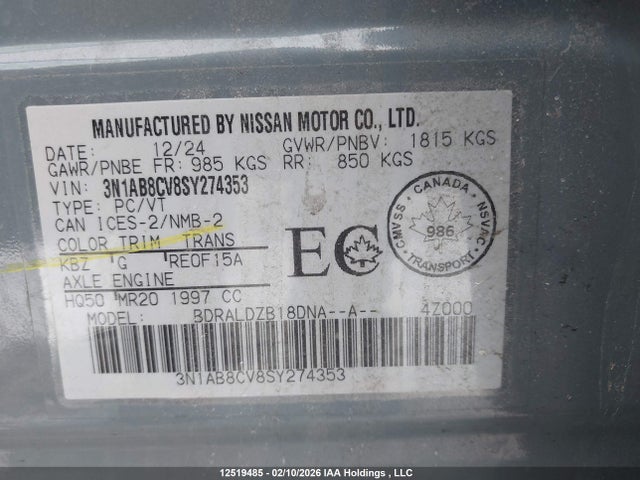 3N1AB8CV8SY274353 Nissan SENTRA SV