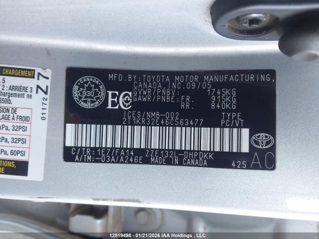 2006 Toyota Matrix Wagon მანქანა იყიდება აუქციონზე, vin: 2T1KR32E46C563477, აუქციონის ნომერი: 12519498